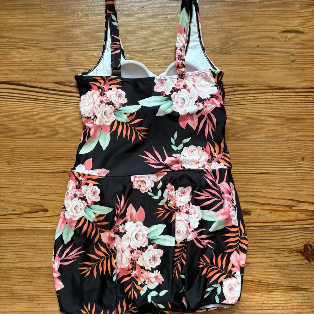 NWT Shein black pink floral one piece skirt adjustable swimsuit‎ SIZE M